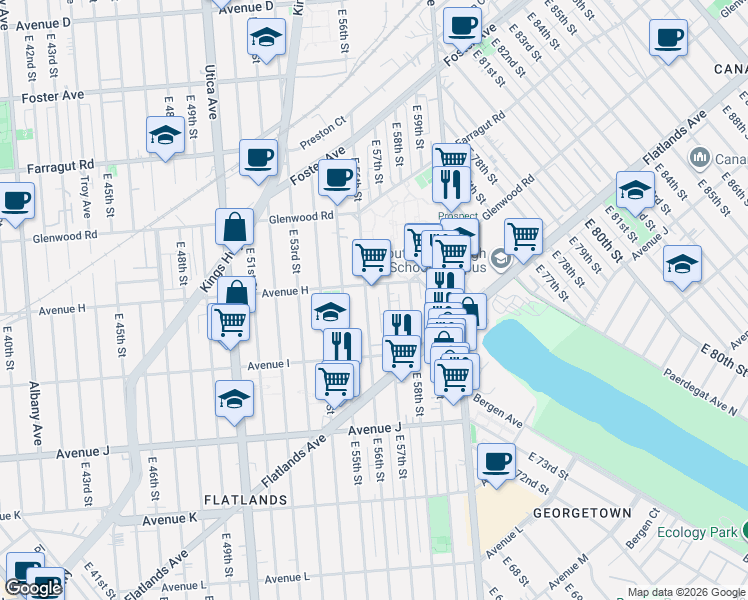 map of restaurants, bars, coffee shops, grocery stores, and more near 854 East 57th Street in Brooklyn