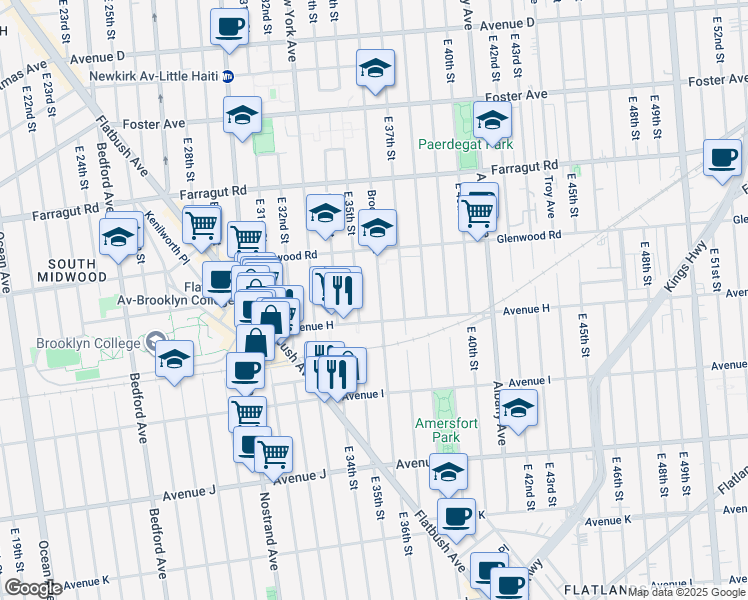 map of restaurants, bars, coffee shops, grocery stores, and more near 3501 Avenue H in Brooklyn