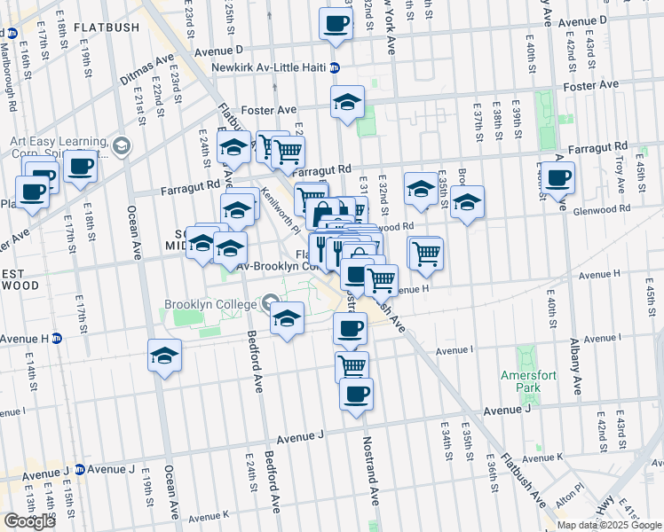 map of restaurants, bars, coffee shops, grocery stores, and more near 2901 Campus Road in Brooklyn