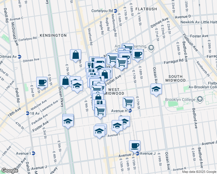 map of restaurants, bars, coffee shops, grocery stores, and more near 1212 Glenwood Road in Brooklyn