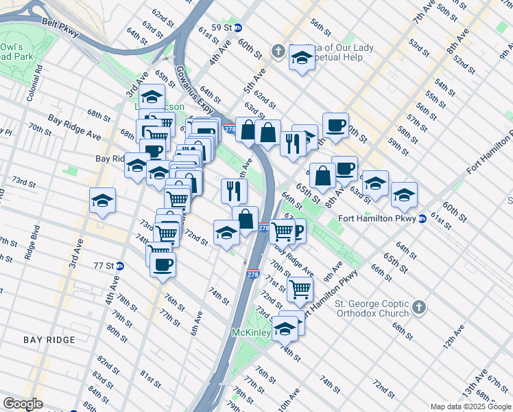 map of restaurants, bars, coffee shops, grocery stores, and more near 631 Bay Ridge Avenue in Brooklyn