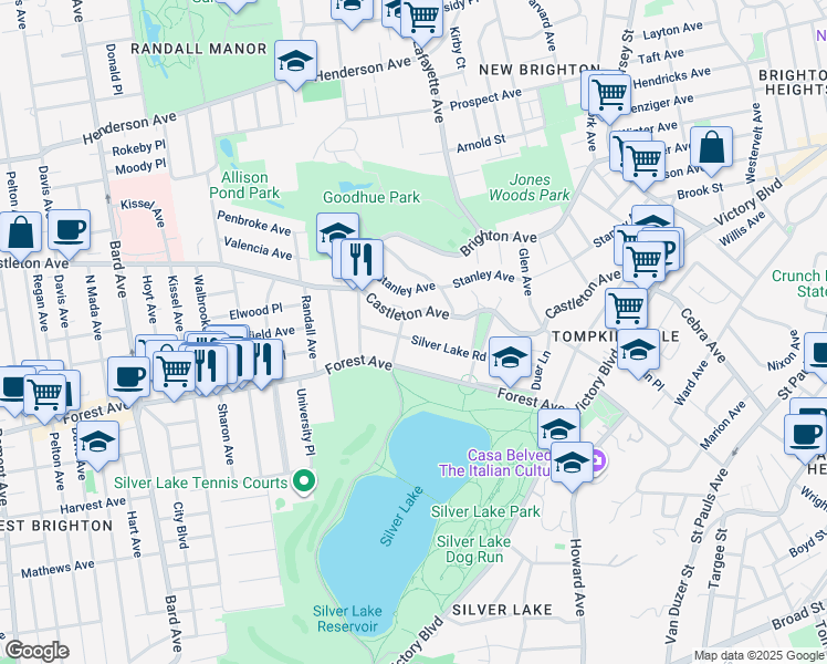 map of restaurants, bars, coffee shops, grocery stores, and more near 185 Forest Avenue in Staten Island