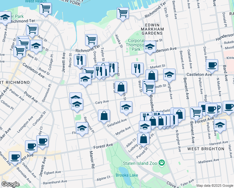 map of restaurants, bars, coffee shops, grocery stores, and more near 572 Cary Avenue in Staten Island