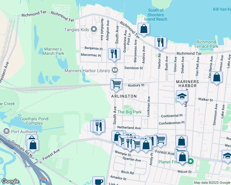 map of restaurants, bars, coffee shops, grocery stores, and more near 204 Brabant Street in Staten Island