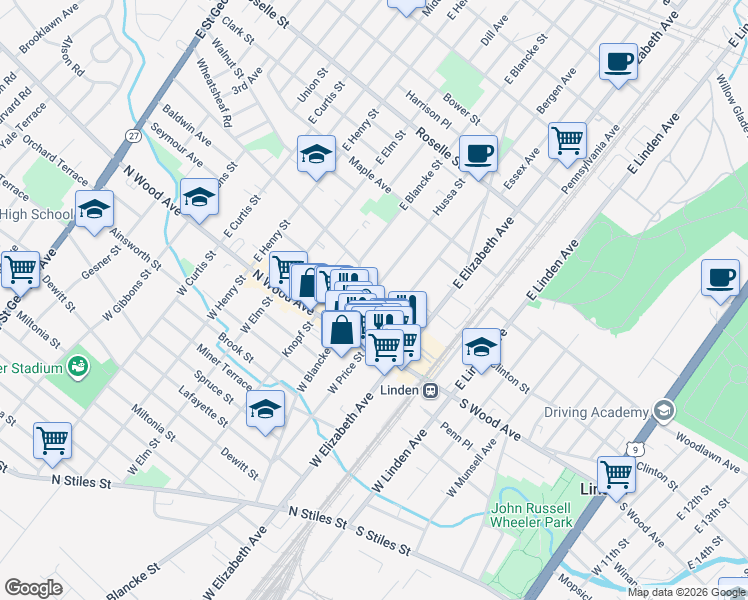 map of restaurants, bars, coffee shops, grocery stores, and more near 55 East Price Street in Linden