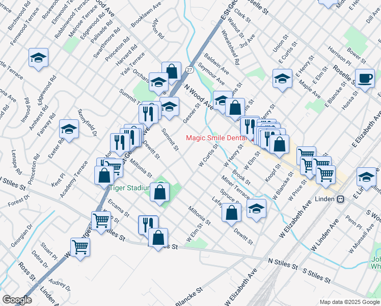 map of restaurants, bars, coffee shops, grocery stores, and more near 714 Summit Street in Linden