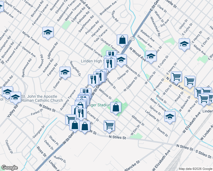 map of restaurants, bars, coffee shops, grocery stores, and more near 338 Gesner Street in Linden