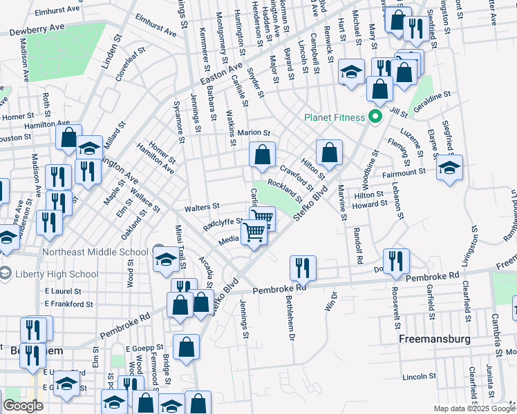 map of restaurants, bars, coffee shops, grocery stores, and more near 870 Radclyffe Street in Bethlehem