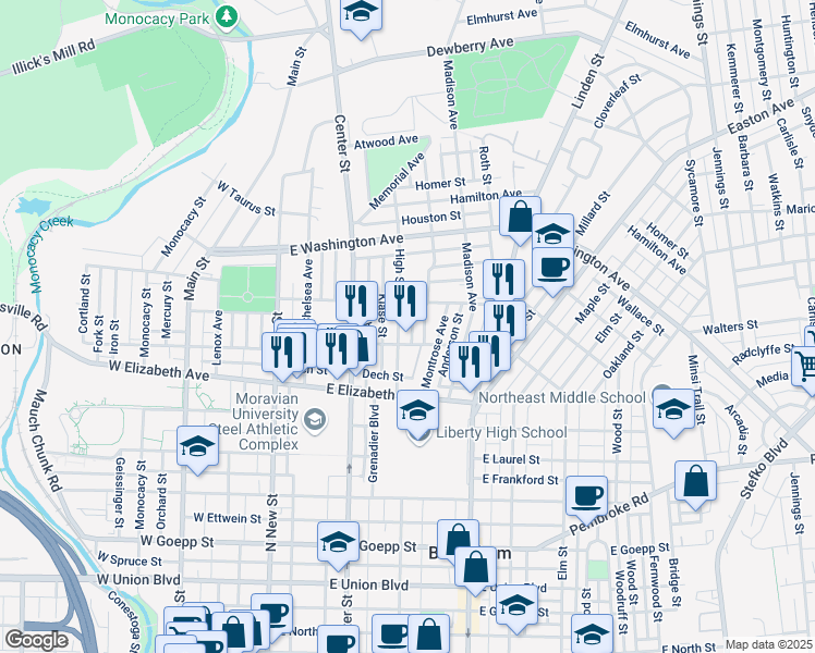 map of restaurants, bars, coffee shops, grocery stores, and more near 1345 High Street in Bethlehem