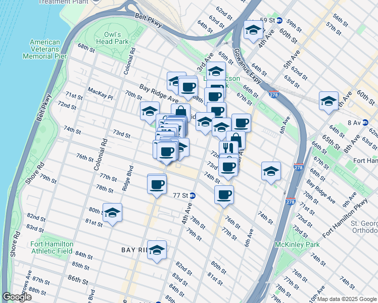 map of restaurants, bars, coffee shops, grocery stores, and more near 343 73rd Street in Brooklyn