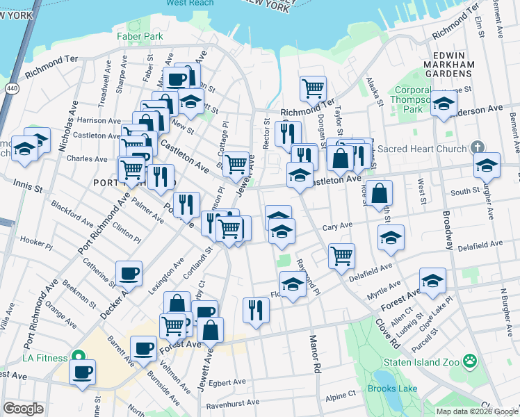 map of restaurants, bars, coffee shops, grocery stores, and more near 170 Rector St in Staten Island