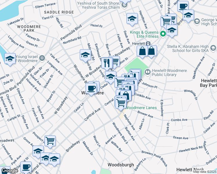map of restaurants, bars, coffee shops, grocery stores, and more near 111 Irving Place in Woodmere