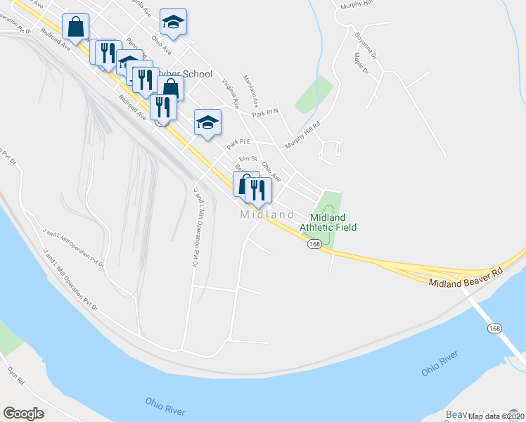 map of restaurants, bars, coffee shops, grocery stores, and more near 3 12th Street in Midland