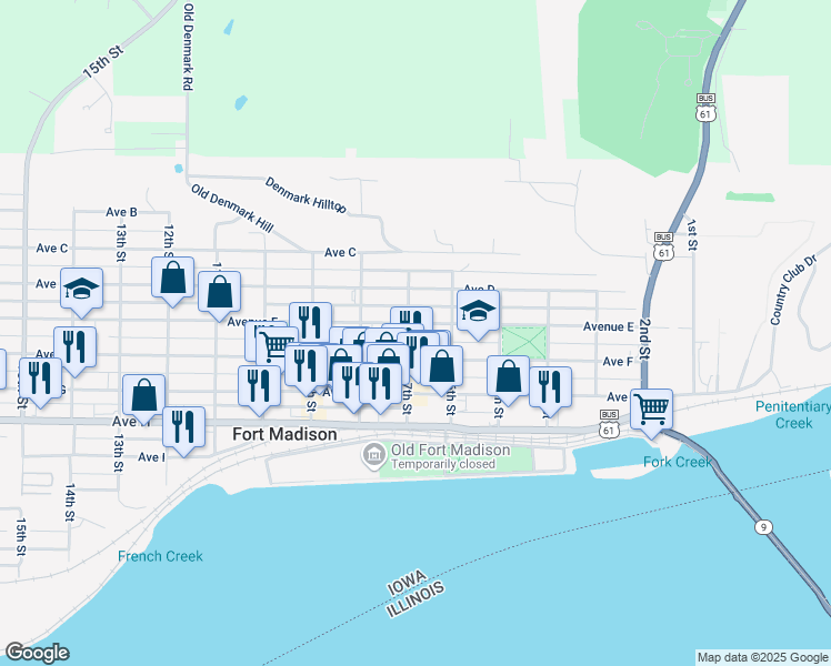map of restaurants, bars, coffee shops, grocery stores, and more near 630 Avenue E in Fort Madison