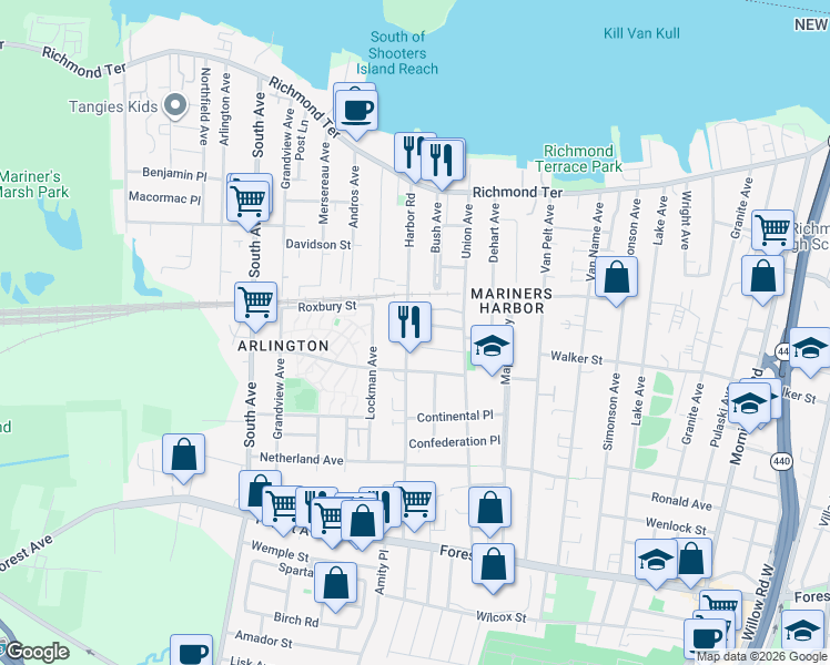 map of restaurants, bars, coffee shops, grocery stores, and more near 189 Harbor Road in Staten Island