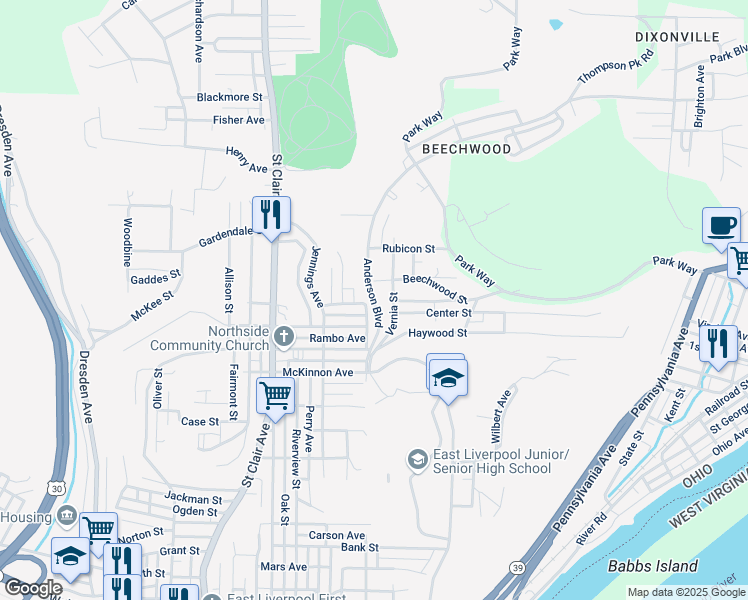 map of restaurants, bars, coffee shops, grocery stores, and more near 4 Auburn Street in East Liverpool
