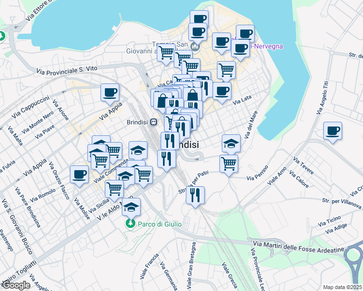map of restaurants, bars, coffee shops, grocery stores, and more near in Brindisi