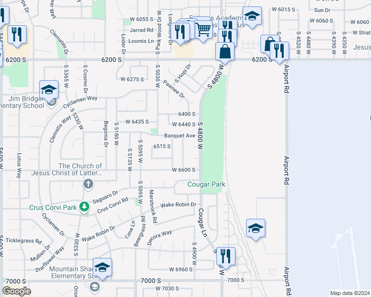 map of restaurants, bars, coffee shops, grocery stores, and more near 6523 Purple Sage Drive in West Jordan