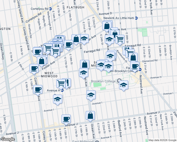 map of restaurants, bars, coffee shops, grocery stores, and more near 2012 Glenwood Road in Brooklyn
