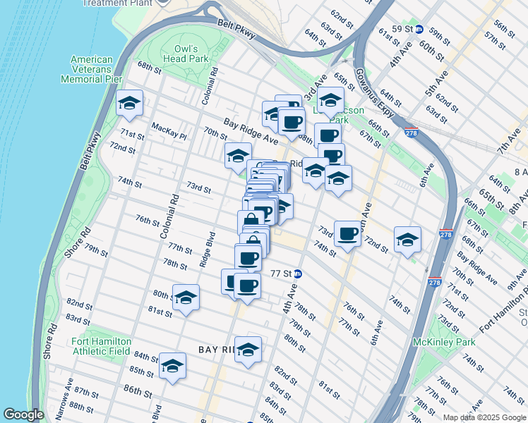 map of restaurants, bars, coffee shops, grocery stores, and more near 7302 3rd Avenue in Brooklyn