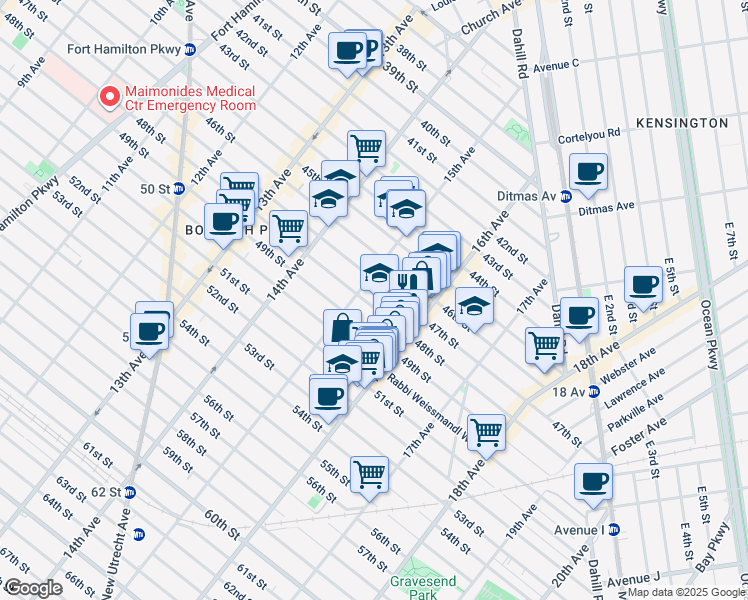 map of restaurants, bars, coffee shops, grocery stores, and more near 1521 48th Street in Brooklyn