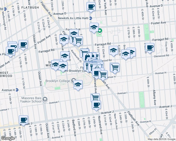 map of restaurants, bars, coffee shops, grocery stores, and more near 2901 Campus Road in Brooklyn