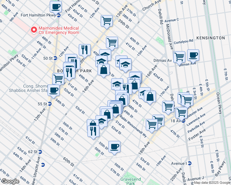 map of restaurants, bars, coffee shops, grocery stores, and more near 1521 48th Street in Brooklyn