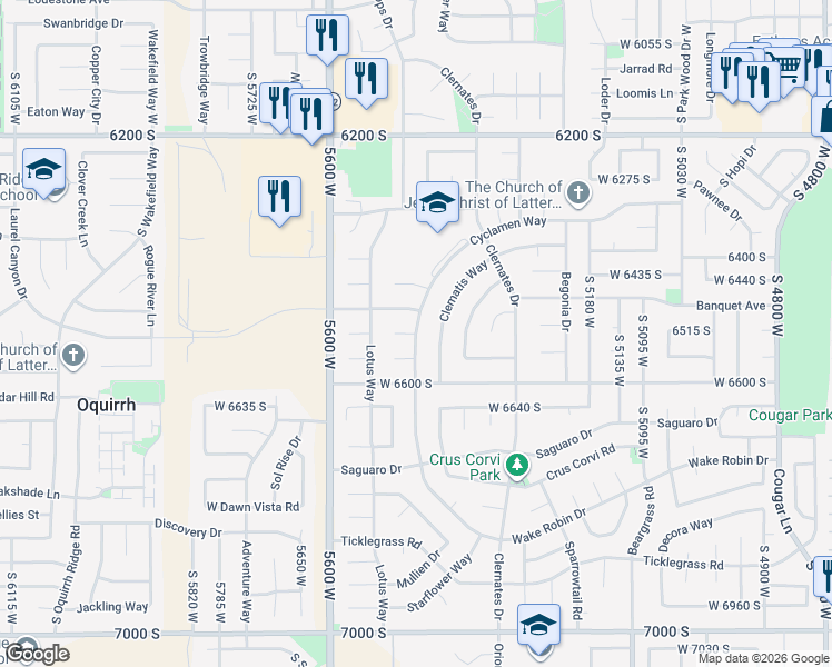 map of restaurants, bars, coffee shops, grocery stores, and more near 5110 West Cyclamen Cove in West Jordan