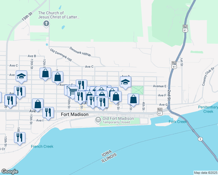map of restaurants, bars, coffee shops, grocery stores, and more near 630 Avenue E in Fort Madison