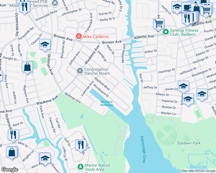map of restaurants, bars, coffee shops, grocery stores, and more near 3437 Bayfield Boulevard in Oceanside