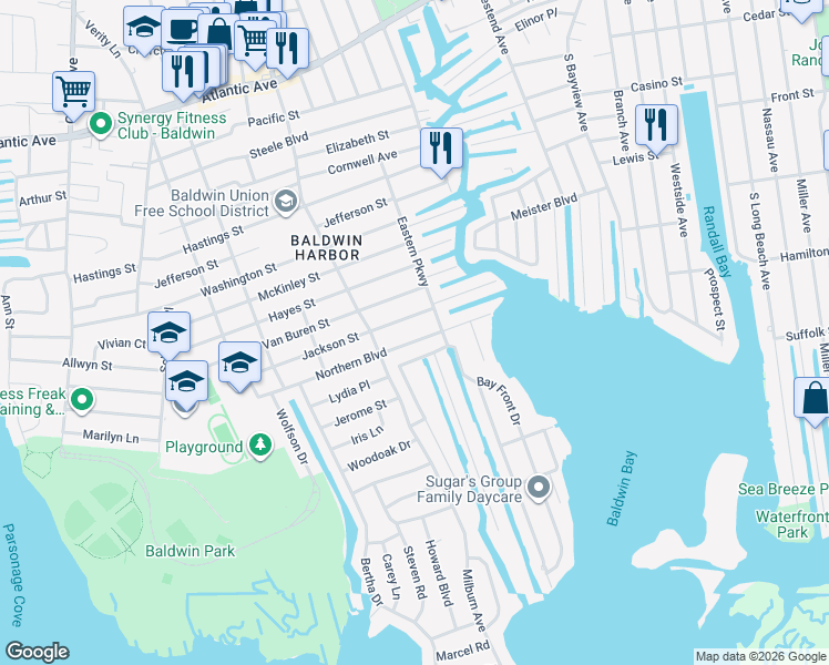 map of restaurants, bars, coffee shops, grocery stores, and more near 3200 Eastern Parkway in Baldwin
