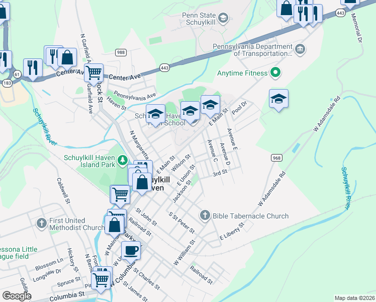 map of restaurants, bars, coffee shops, grocery stores, and more near 501 East Main Street in Schuylkill Haven
