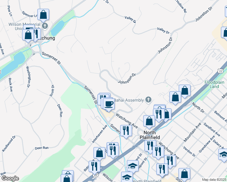 map of restaurants, bars, coffee shops, grocery stores, and more near 332 Johnston Drive in Watchung
