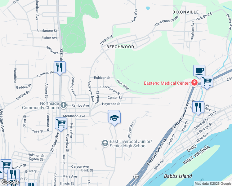map of restaurants, bars, coffee shops, grocery stores, and more near 207 Beechwood Street in East Liverpool