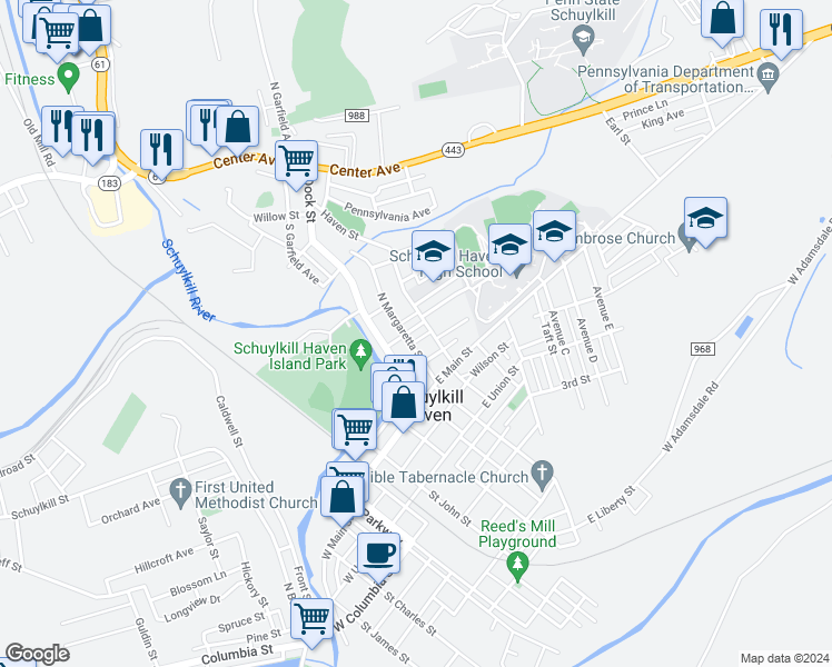 map of restaurants, bars, coffee shops, grocery stores, and more near 110 Paxson Avenue in Schuylkill Haven