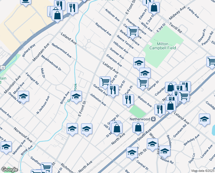 map of restaurants, bars, coffee shops, grocery stores, and more near 135 Netherwood Avenue in Plainfield