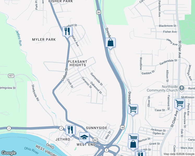 map of restaurants, bars, coffee shops, grocery stores, and more near 1412 Sunnyside Street in East Liverpool