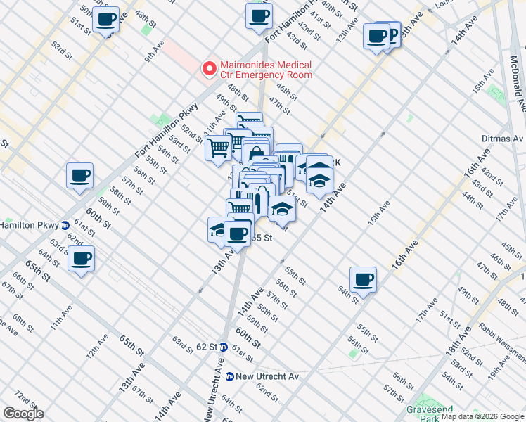map of restaurants, bars, coffee shops, grocery stores, and more near 13th Ave & 53rd St in Brooklyn
