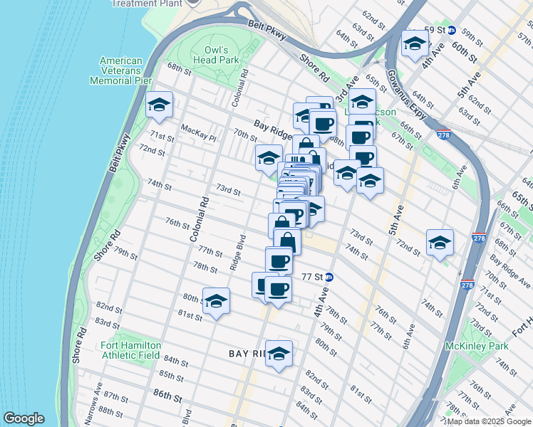 map of restaurants, bars, coffee shops, grocery stores, and more near 227 74th Street in Brooklyn