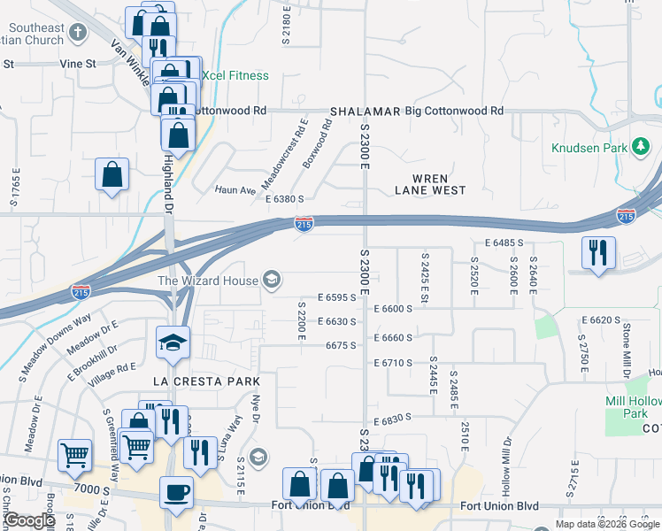 map of restaurants, bars, coffee shops, grocery stores, and more near 2252 East 6450 South in Cottonwood Heights