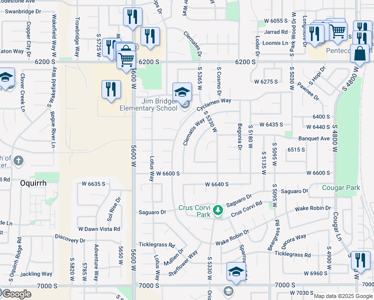 map of restaurants, bars, coffee shops, grocery stores, and more near 6469 Clematis Way in West Jordan