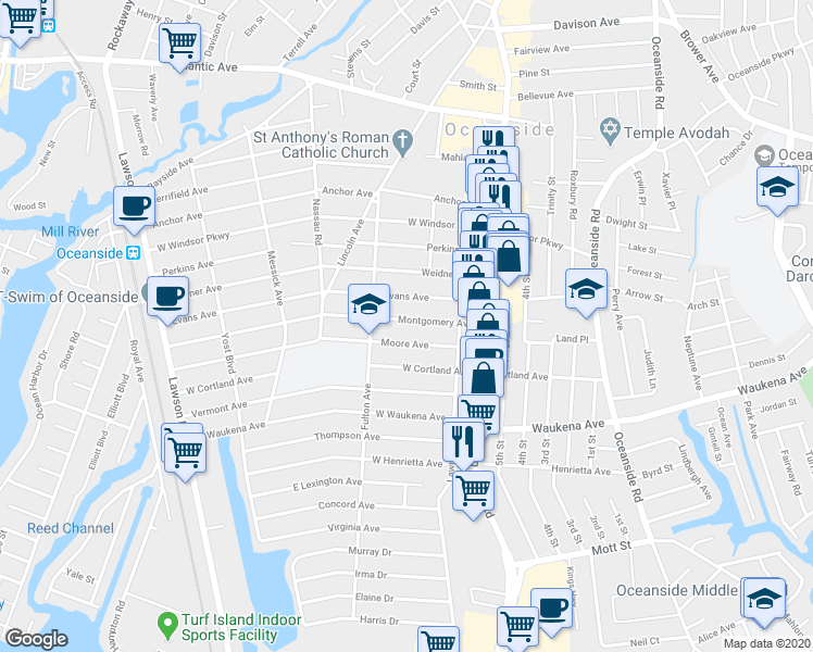 map of restaurants, bars, coffee shops, grocery stores, and more near 87 Evans Avenue in Oceanside