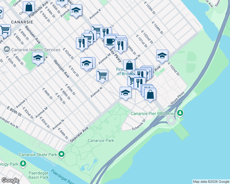 map of restaurants, bars, coffee shops, grocery stores, and more near 1611 East 94th Street in Brooklyn
