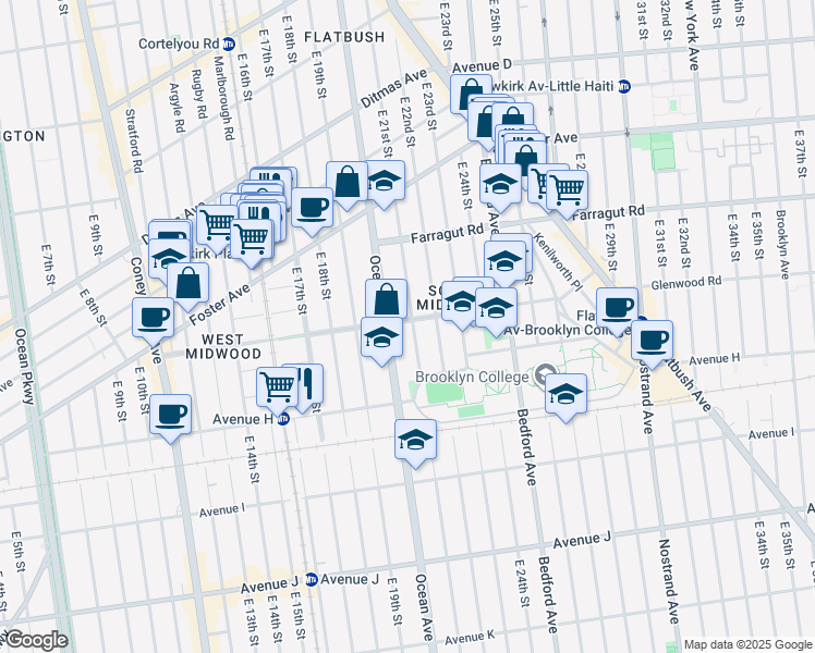 map of restaurants, bars, coffee shops, grocery stores, and more near 1191 Ocean Avenue in Brooklyn
