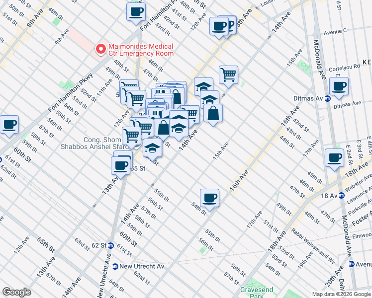 map of restaurants, bars, coffee shops, grocery stores, and more near 4812 14th Avenue in Brooklyn