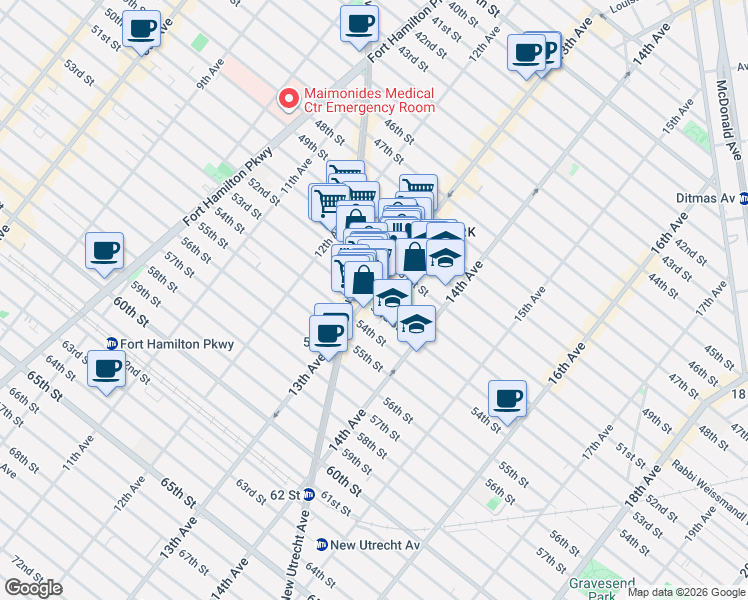 map of restaurants, bars, coffee shops, grocery stores, and more near 5115 13th Avenue in Brooklyn