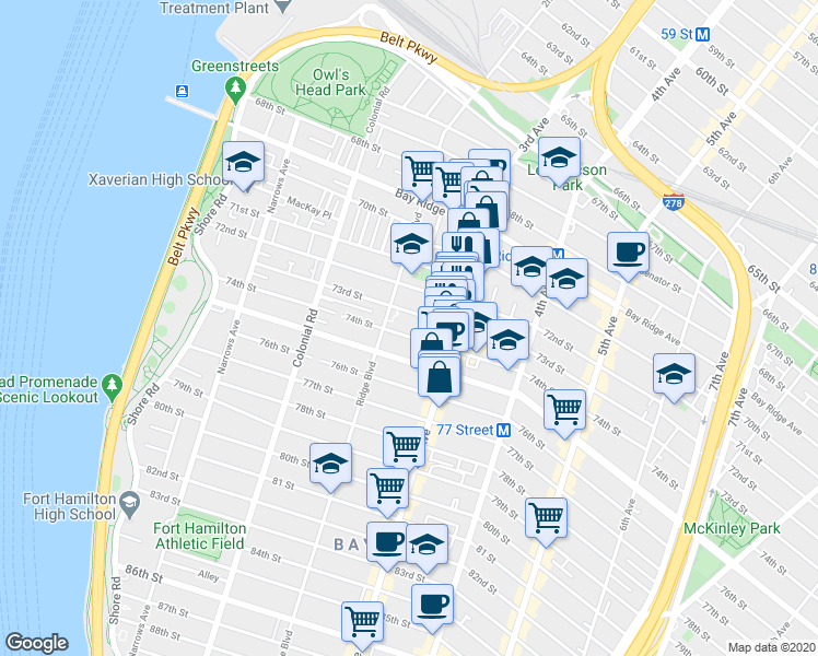 map of restaurants, bars, coffee shops, grocery stores, and more near 7213 Ridge Boulevard in Brooklyn