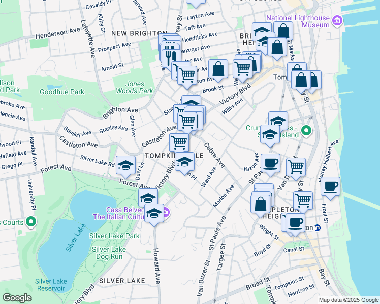 map of restaurants, bars, coffee shops, grocery stores, and more near 363 Victory Boulevard in Staten Island