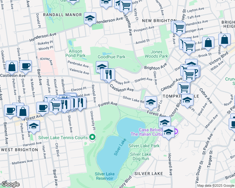 map of restaurants, bars, coffee shops, grocery stores, and more near 387 Castleton Avenue in Staten Island