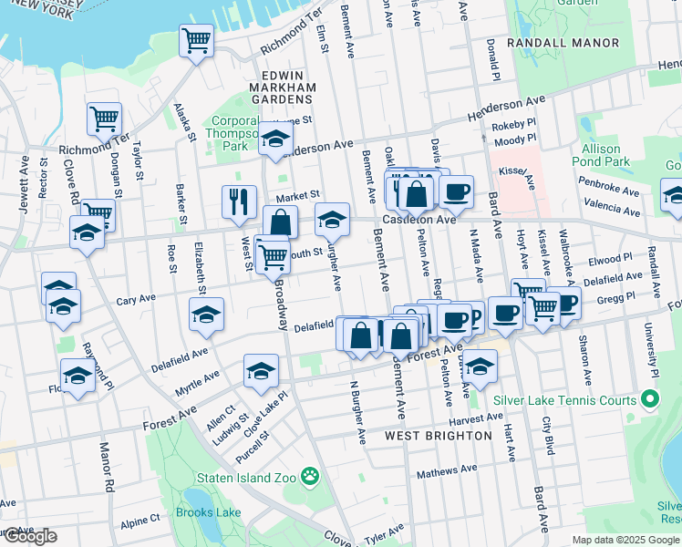 map of restaurants, bars, coffee shops, grocery stores, and more near 343 Cary Avenue in Staten Island